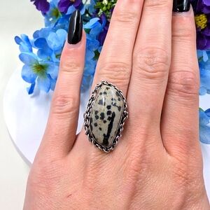 Genuine Dalmatian Jasper Stone 925 Sterling Silver Signed Vintage Ring Size 6.5